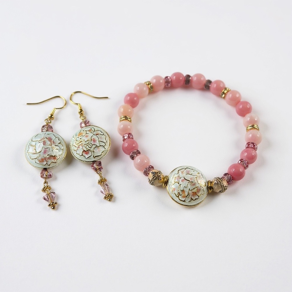 Handcrafted Rose Quartz Bracelet And Earrings Set With 20mm Cloisonné Beads